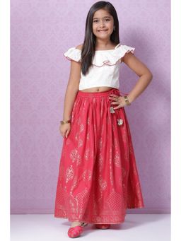 Biba - Girls Berry Red and White Viscose Printed Lehenga and Choli