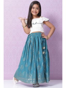 Biba - Girls Teal and White Viscose Printed Lehenga and Choli