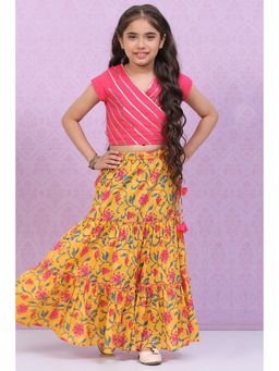 Biba - Girls Yellow and Pink Cotton Floral Gota Work Lehenga and Choli