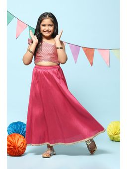 Biba - Girls Berry Pink Art Silk Woven Lehenga and Choli