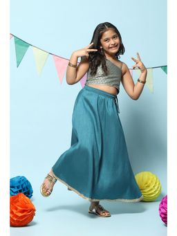 Biba - Girls Teal Art Silk Woven Lehenga and Choli