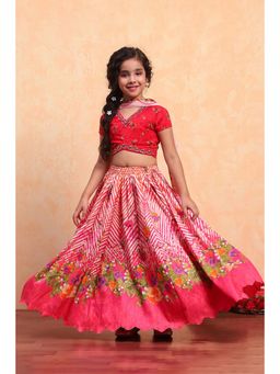 Biba - Girls Red Floral Printed Lehenga and Choli and Dupatta