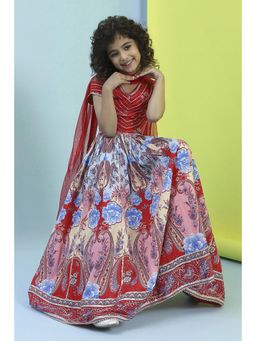 Biba - Girls Red Floral Printed Lehenga and Choli and Dupatta