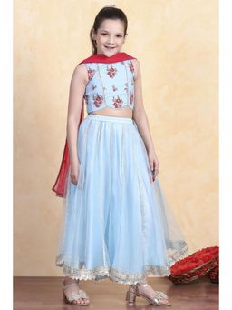 Biba - Girls Sky Blue Floral Printed Lehenga and Choli and Dupatta
