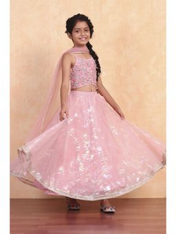 Biba - Girls Pastel Pink Floral Embellished Lehenga and Choli and Dupatta