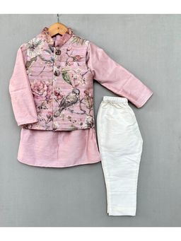 LABEL NEETI - Pastel Pink Floral Print Nehru Jacket with Kurta and Pant
