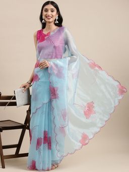 Vastranand - Blue Organza Party Wear Saree With Aari Work Butta with Unstitched Blouse