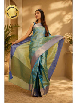 Isadora Life - Womens Floral Zari Blue Pre-Draped Saree With Unstitched Blouse