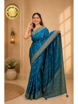Isadora Life - Womens Sequined Zari Blue Pre-Draped Saree With Unstitched Blouse