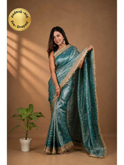 Isadora Life - Womens Woven Zari Blue Pre-Draped Saree With Unstitched Blouse