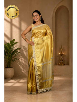 Isadora Life - Womens Woven Mirror Work Gold Pre-Draped Saree With Unstitched Blouse