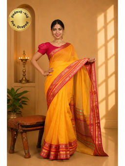 Isadora Life - Womens Solid Woven Yellow Pre-Draped Saree With Unstitched Blouse