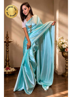 Isadora Life - Womens Solid Gota Blue Pre-Draped Saree With Unstitched Blouse