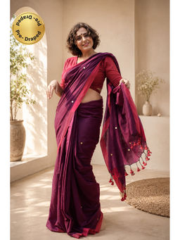 Isadora Life - Womens Solid Tassels Purple Pre-Draped Saree With Unstitched Blouse