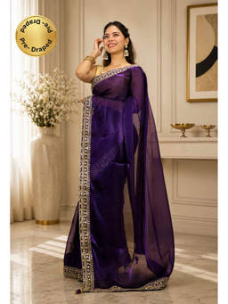 Isadora Life - Womens Embroidered Sequined Purple Pre-Draped Saree with Unstitched Blouse