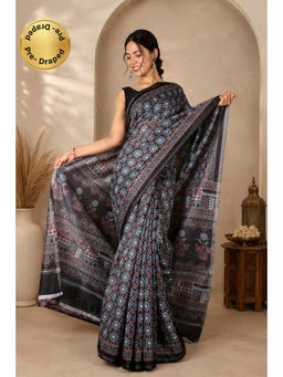 Isadora Life - Womens Floral Printed Black Pre-Draped Saree with Unstitched Blouse