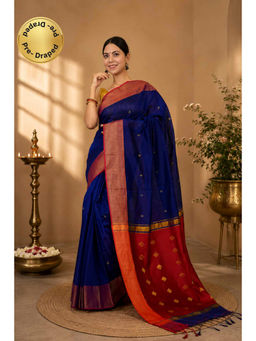 Isadora Life - Womens Woven Tassels Blue Pre-Draped Saree With Unstitched Blouse