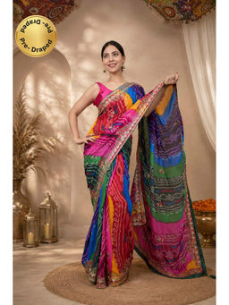Isadora Life - Womens Bandhani Printed Multi-Color Pre-Draped Saree With Unstitched Blouse