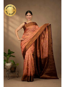 Isadora Life - Womens Woven Zari Peach Pre-Draped Saree With Unstitched Blouse