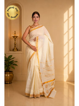 Isadora Life - Womens Woven Zari White Pre-Draped Saree With Unstitched Blouse