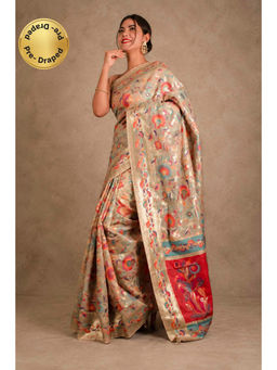 Isadora Life - Womens Printed Beige Pre-Draped Saree With Unstitched Blouse