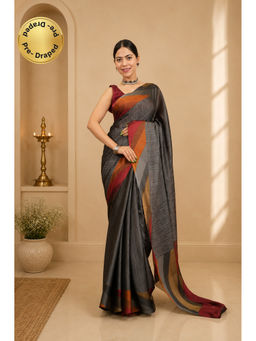 Isadora Life - Womens Printed Grey Pre-Draped Saree With Unstitched Blouse