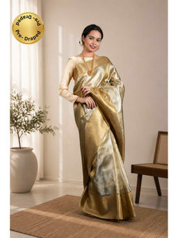 Isadora Life - Womens Woven Zari Gold Pre-Draped Saree With Unstitched Blouse