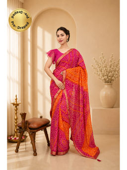 Isadora Life - Womens Bandhani Printed Pink Pre-Draped Saree With Unstitched Blouse