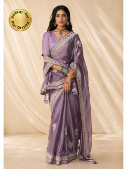 Isadora Life - Womens Embroidered Sequined Lavender Pre-Draped Saree With Unstitched Blouse