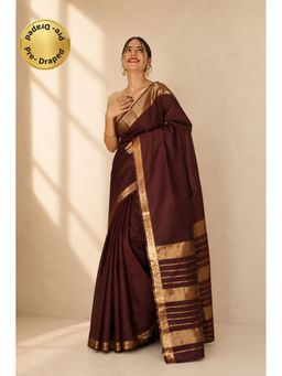 Isadora Life - Womens Woven Zari Maroon Pre-Draped Saree With Unstitched Blouse