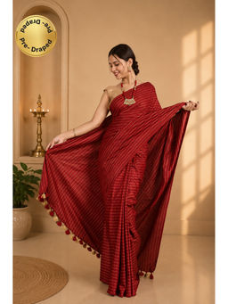 Isadora Life - Womens Stripes Tassels Maroon Pre-Draped Saree With Unstitched Blouse