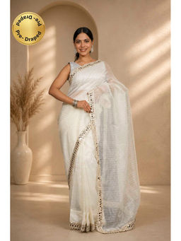 Isadora Life - Womens Sequined Mirror Work White Pre-Draped Saree With Unstitched Blouse