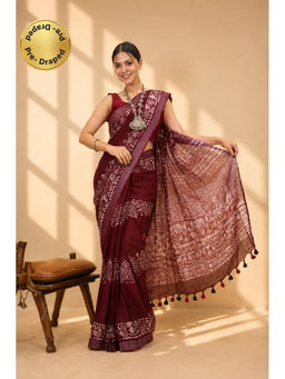 Isadora Life - Womens Printed Tassels Maroon Pre-Draped Saree With Unstitched Blouse