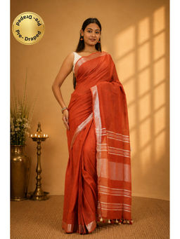 Isadora Life - Womens Woven Tassels Orange Pre-Draped Saree With Unstitched Blouse