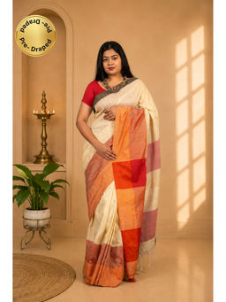 Isadora Life - Womens Woven Tassels Cream Pre-Draped Saree With Unstitched Blouse