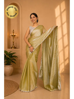 Isadora Life - Womens Embroidered Sequined Green Pre-Draped Saree With Unstitched Blouse