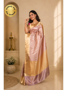 Isadora Life - Womens Woven Zari Pink Pre-Draped Saree With Unstitched Blouse