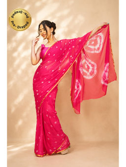 Isadora Life - Womens Bandhani Printed Pink Pre-Draped Saree With Unstitched Blouse