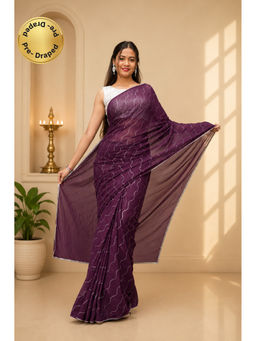 Isadora Life - Womens Sequined Purple Pre-Draped Saree With Unstitched Blouse