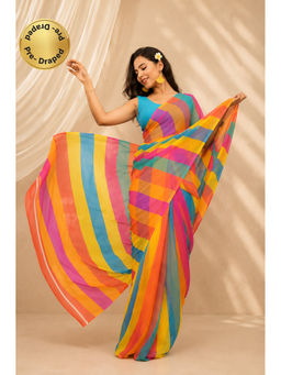 Isadora Life - Womens Printed Stripes Multi-Color Pre-Draped Saree With Unstitched Blouse