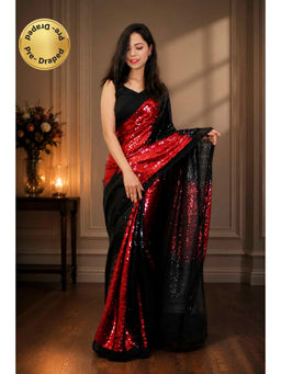 Isadora Life - Womens Sequined Multi-Color Pre-Draped Saree With Unstitched Blouse