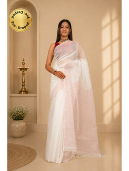 Isadora Life - Womens Stripes Tassels White Pre-Draped Saree With Unstitched Blouse