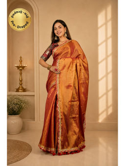 Isadora Life - Womens Solid Tassels Copper Pre-Draped Saree With Unstitched Blouse
