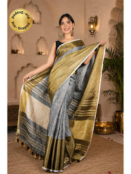 Isadora Life - Womens Woven Zari Grey Pre-Draped Saree with Unstitched Blouse