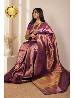 Isadora Life - Womens Woven Tassels Wine Pre-Draped Saree with Unstitched Blouse