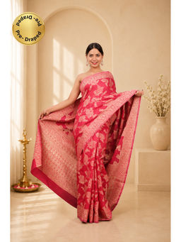 Isadora Life - Womens Floral Woven Pink Pre-Draped Saree with Unstitched Blouse