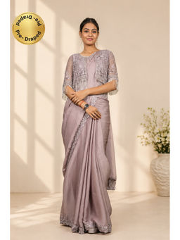 Isadora Life - Womens Sequined Lavender Pre-Draped Saree with Unstitched Blouse and Jacket