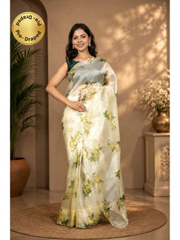 Isadora Life - Womens Floral Printed Cream Pre-Draped Saree with Unstitched Blouse