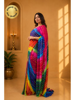 Isadora Life - Womens Tie & Dye Tassels Multi-Color Pre-Draped Saree with Unstitched Blouse