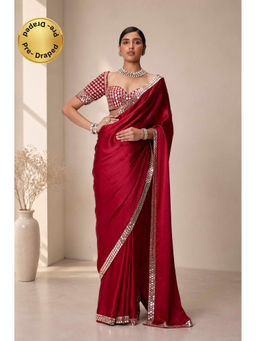 Isadora Life - Womens Solid Mirror Work Red Pre-Draped Saree with Unstitched Blouse